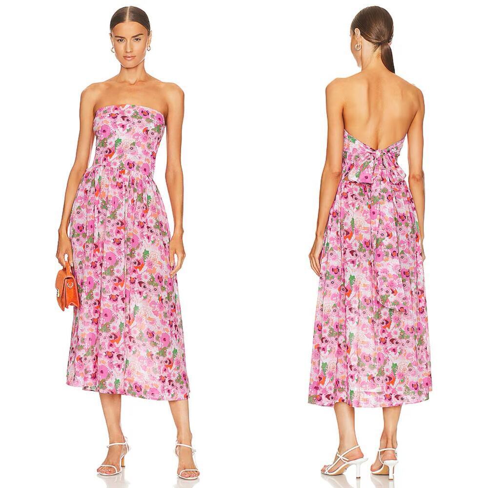 Ganni Light Cotton Tieband Midi Dress Strapless Size S/M NWT $255 Floral Cotton